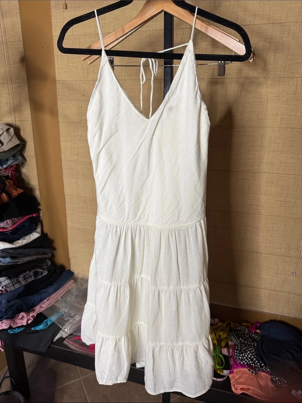 Free People Intimately Ivory Linen Blend Tiered Mini Dress Medium Cottagecore